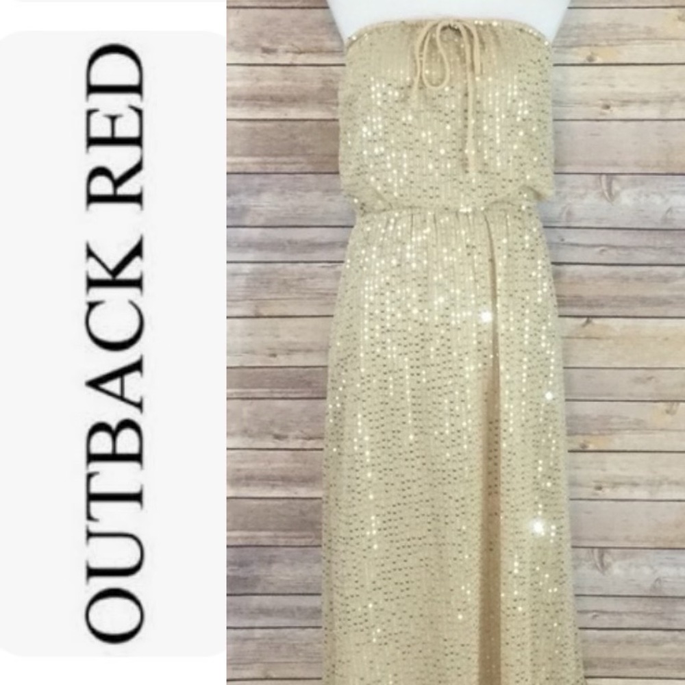 Outback Red. Gold sequined. Maxi. Halter Dress. Size Small. Like new.